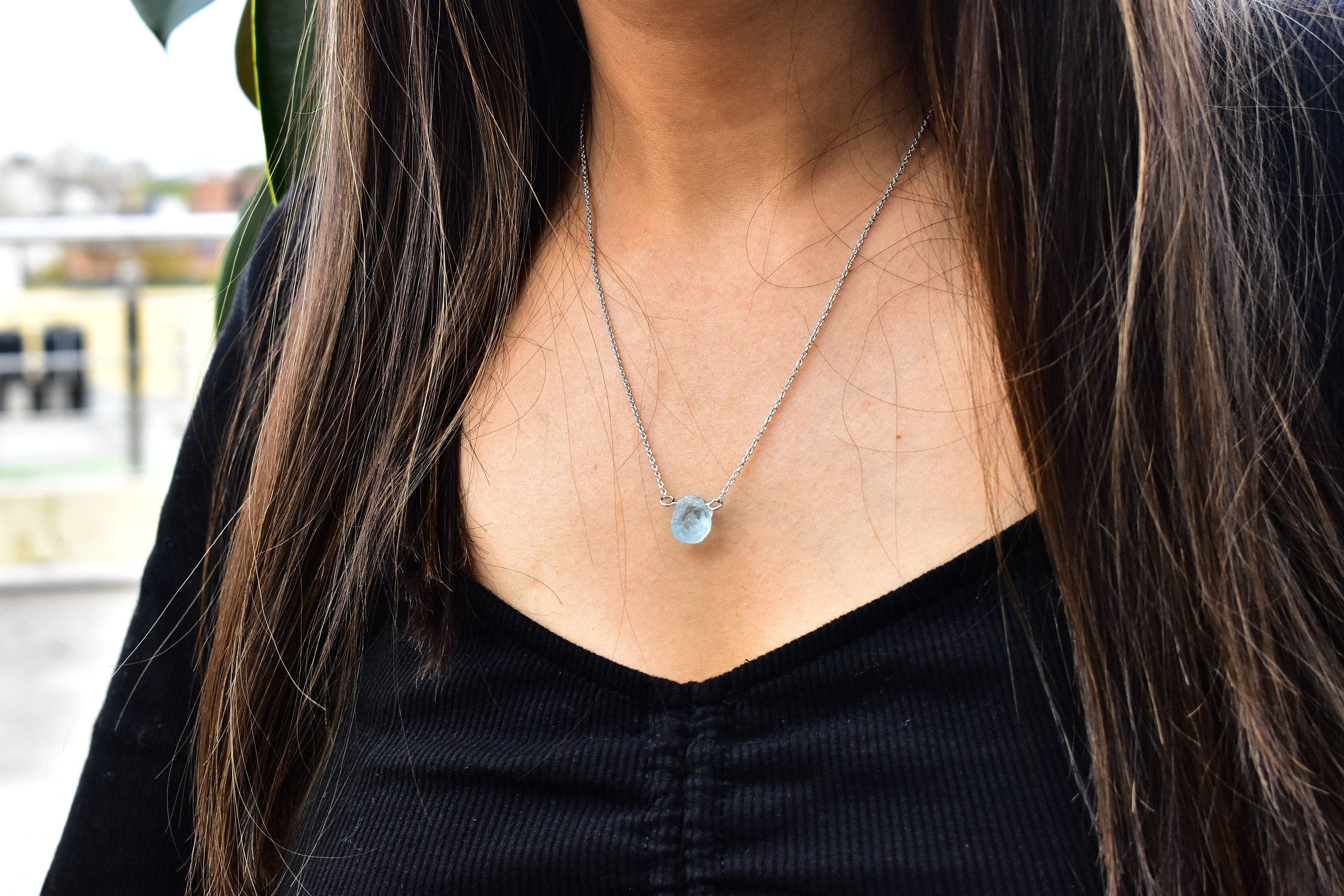 Petite Raw Aquamarine Necklace, Genuine Raw Gemstone Crystal Necklace, Gift for Her, Dainty petite silver necklace, bridesmaid gift for her