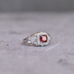 Vintage Red garnet Cushion cut Sterling Silver Engagement Ring, Natural garnet halo Ring, Vintage Wedding Ring Set , Silver Bridal Ring image 3
