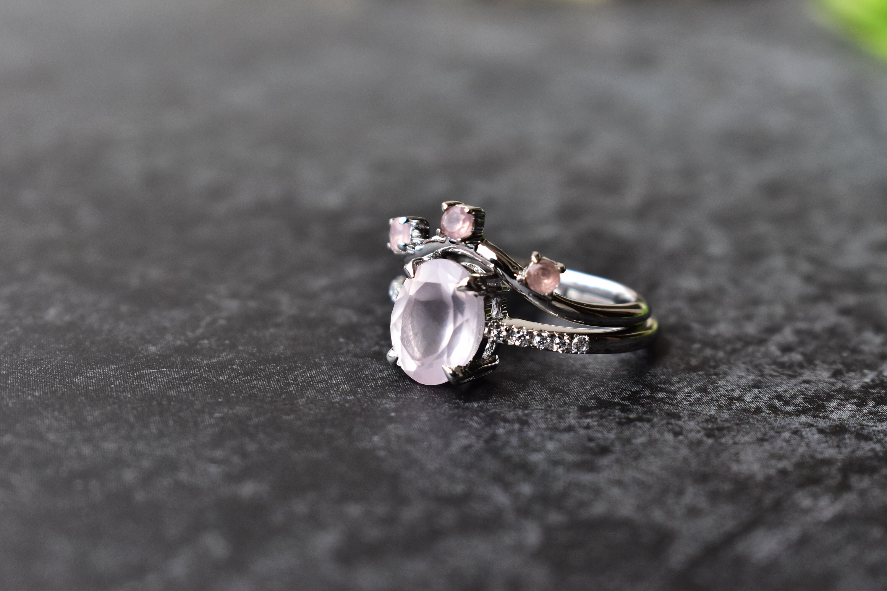 Rose Quartz Engagement Ring set pink quartz Statement Ring Etsy