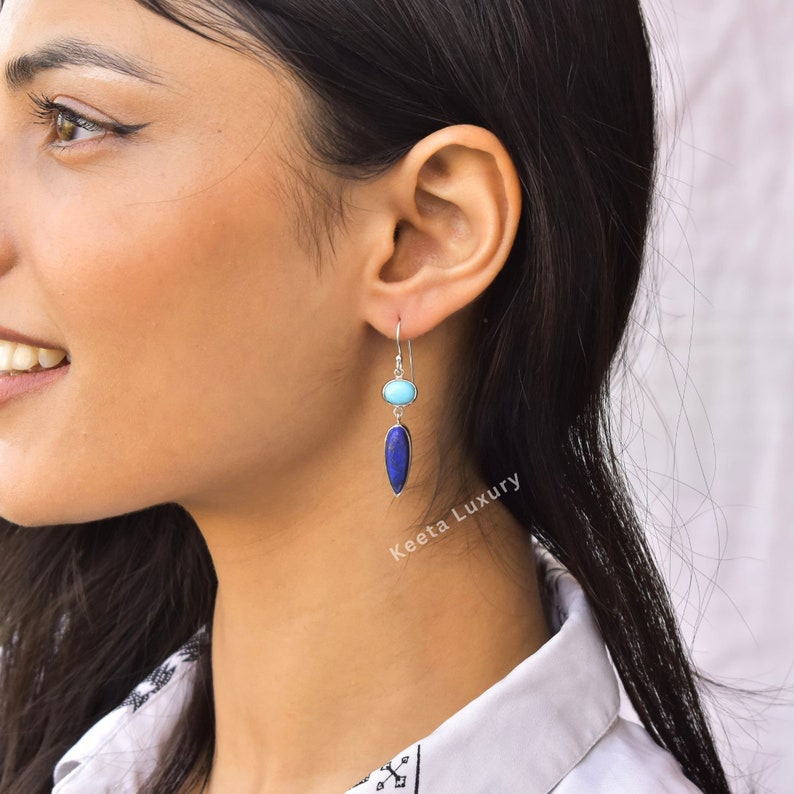 Natural Turquoise And Lapis lazuli dangle earrings Sterling silver handmade cocktail earrings Two stone jewelry, gift for her image 2