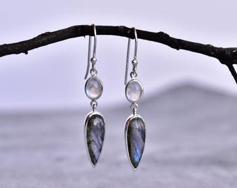 Natural Labradorite and Moonstone dangle earrings, Sterling silver handmade earrings, Two stone cocktail dangle earrings, bridesmaid jewelry