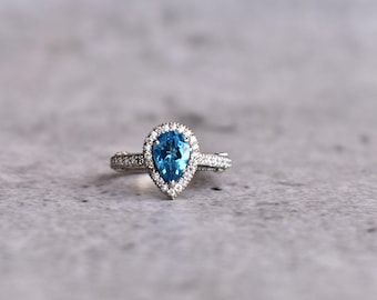 London blue topaz ring, pear cut blue gemstone, Blue Topaz sterling silver , 14K gold ring , handmade Topaz halo engagement or promise ring
