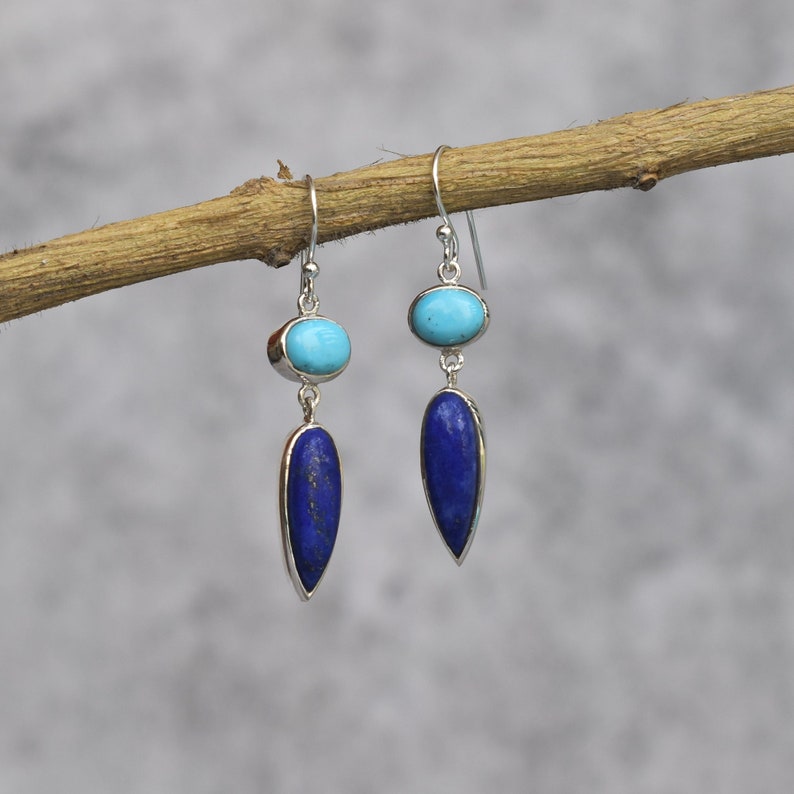 Natural Turquoise And Lapis lazuli dangle earrings Sterling silver handmade cocktail earrings Two stone jewelry, gift for her image 1