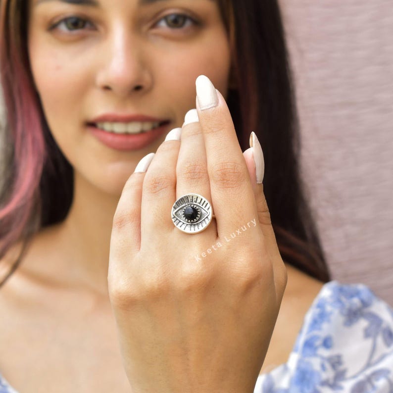 Genuine Black onyx ring* Onyx evil eye ring for women* Protection ring* Silver oxidized Onyx ring* Healing gemstone ring* Unique ring Gifts image 6