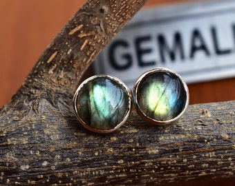 Labradorite Stud Earrings Real Crystal Jewelry, Bridesmaid Gifts , Spectrolite round cabochon Earrings Boho Jewelry Iridescent Rainbow