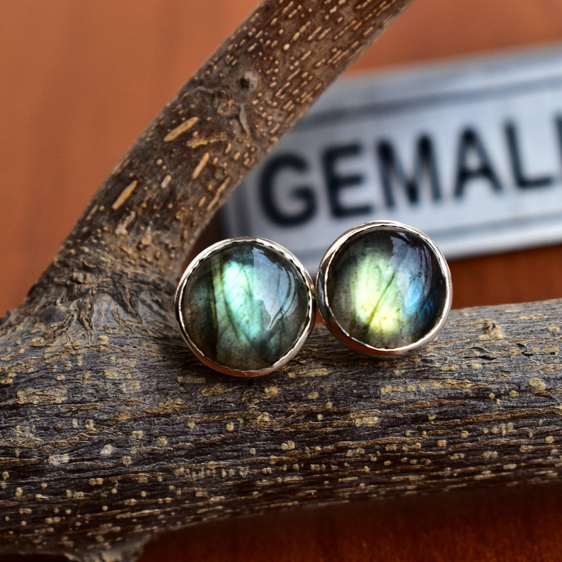 Labradorite Stud Earrings Real Crystal Jewelry, Bridesmaid Gifts , Spectrolite round cabochon Earrings Boho Jewelry Iridescent Rainbow image 1