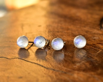 Genuine moonstone stud earrings in Sterling Silver ,  moonstone stud , gift for mother , Rainbow Moonstone Stud Earrings Celestial Moonstone