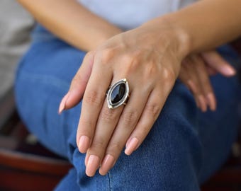 Natural Black Onyx Marquise Ring* Silver Oxidized Handmade Ring* Black Gemstone Ring* Healing long huge Gemstone Ring* Bohemian Jewelry Gift
