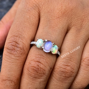 Genuine Opal and moonstone Ring, moonstone garland ring, Three stone ring , Simple engagement opal ring , vintage silver moonstone ring image 2