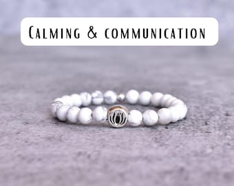 Genuine Howlite beaded bracelet* Lotus charm bracelet for women* Handmade stretchable bracelet* Unique friendship bracelet* Gifts for mom