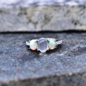 Genuine Opal and moonstone Ring, moonstone garland ring, Three stone ring , Simple engagement opal ring , vintage silver moonstone ring image 3