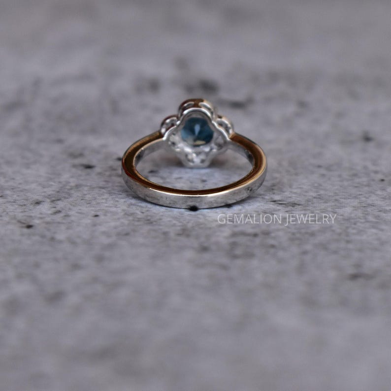 London blue topaz ring, Round cut blue gemstone ring , sterling silver finished with rhodium, london topaz halo wedding & engagement Ring image 3