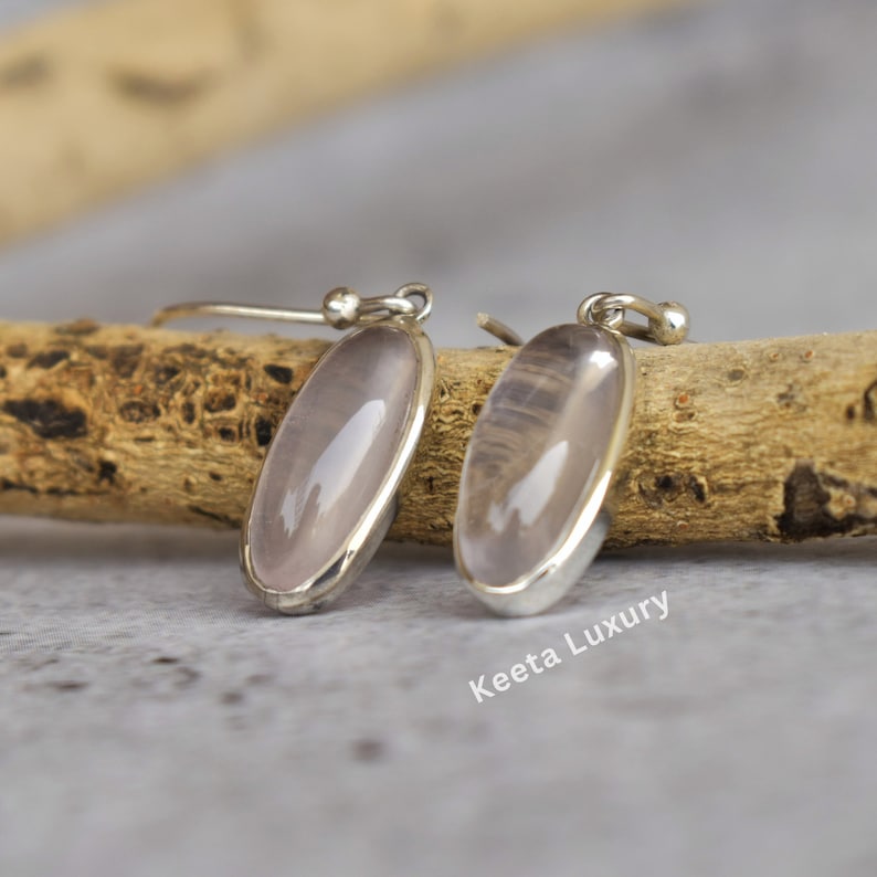 sterling Silver Rose Quartz fancy Earrings // Rose Quartz dangle Earrings // Rose Quartz Cabochon Earrings // Gemstone dangle earrings gift image 3