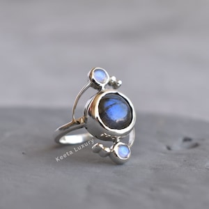 Natural Moonstone and Labradorite ring , Blue flashy two gemstone ring , Sterling silver labradorite ring , Bridesmaid gift , Gift for her image 3