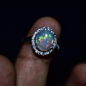 Natural opal ring available in all us sizes | multi fire opal ring | rhodium finished | wedding gift | opal birthstone ring | gift for wife