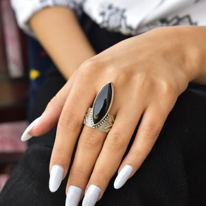 Genuine Black Onyx ring* Black Onyx statement ring for women* Black stone onyx ring in silver* Huge marquise ring* Black Diamond ring