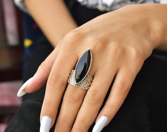 Genuine Black Onyx ring* Black Onyx statement ring for women* Black stone onyx ring in silver* Huge marquise ring* Black Diamond ring