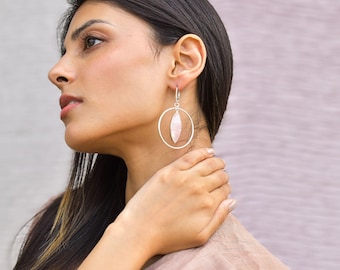 Natural Rose Quartz hoop earrings, Sterling silver stylish dangler for women, Unique fashion jewelry gifts ideas, Birthstone earrings