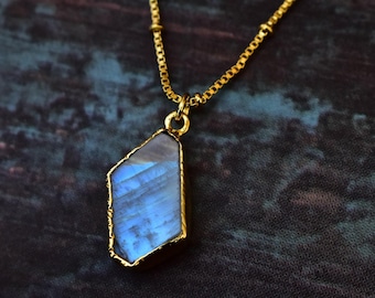 Raw Moonstone Necklace, Rainbow Moonstone Raw Crystal Necklace, June Birthstone, Rough stone layering necklace , celestial jewelry gift for
