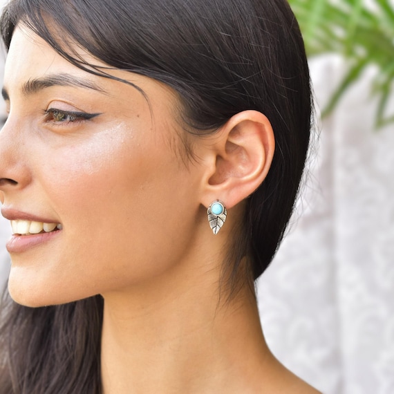 Genuine Turquoise studs* Turquoise leafy stud earrings* Nature inspired studs* Silver Oxidized earrings for women* Healing gemstone earrings