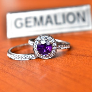 Amethyst Engagement bridal ring set , Sterling silver Wedding Ring set with eternity band, purple quartz  ring, promise ring for her