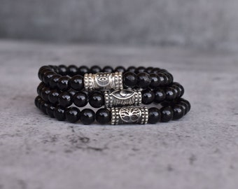 Unisex Black Tourmaline beaded Bracelet, Protection wristwear, evil eye Bracelet, Celtic Symbol tree of life, Hamsa hand Jewelry , Gifts