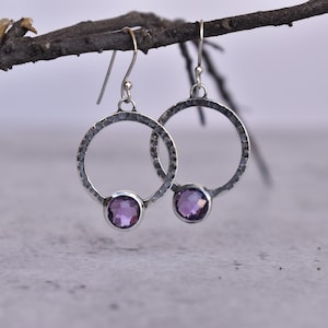 Genuine Amethyst dangle earring, Briolette dangle, Sterling Silver purple quartz earrings, handmade hammered earrings, bridesmaid jewelry