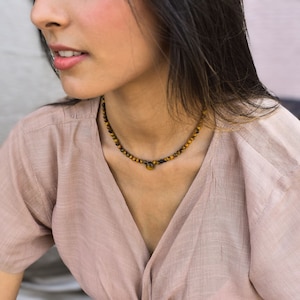 Genuine Yellow Tiger&#39;s Eye Beaded necklace* Tiger&#39;s Eye heart shape choker Gemstone jewelry For Women* Layering necklace gift ideas
