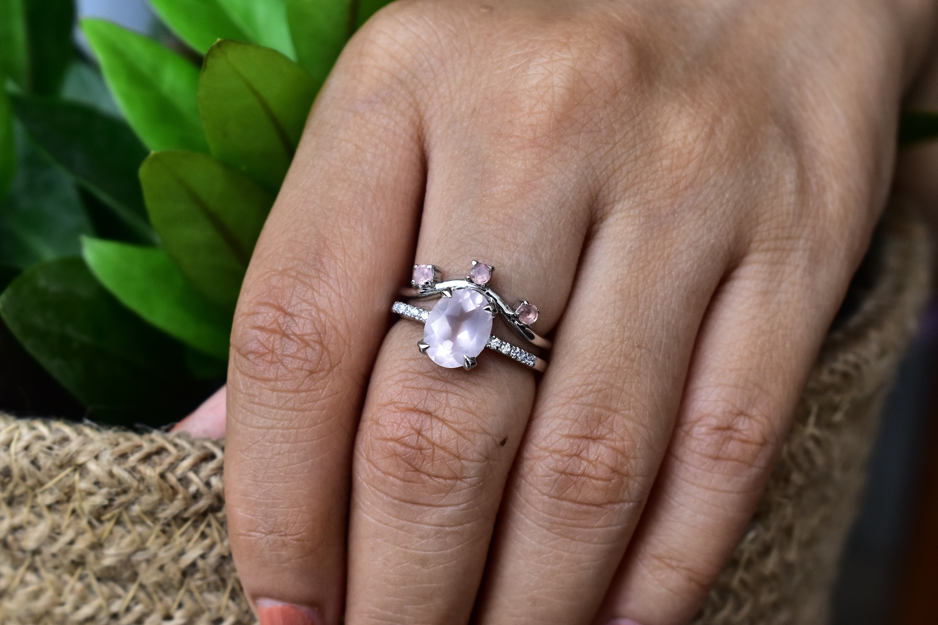 Rose Quartz Engagement Ring set pink quartz Statement Ring Etsy