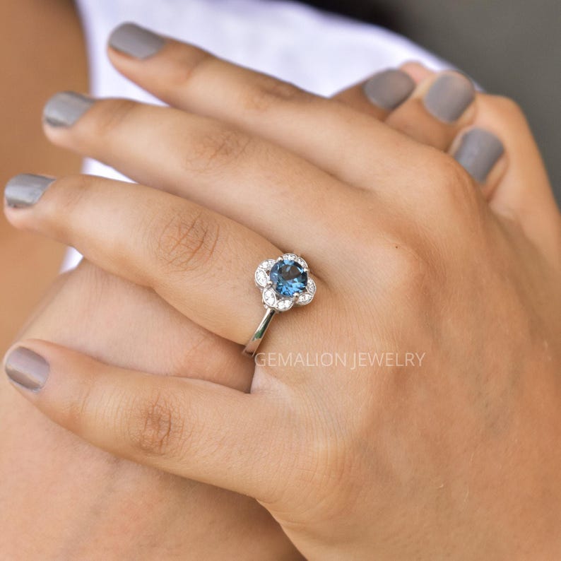 London blue topaz ring, Round cut blue gemstone ring , sterling silver finished with rhodium, london topaz halo wedding & engagement Ring image 6