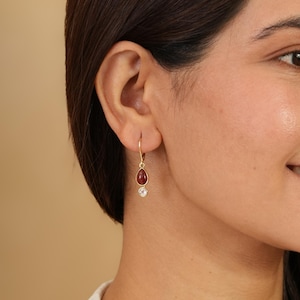 Garnet Rose Quartz Earrings, Two Stone Drop Earrings, 14k Gold Teardrop Dangle Earrings, Dainty Birthstone Jewelry , cocktail jewelry gift