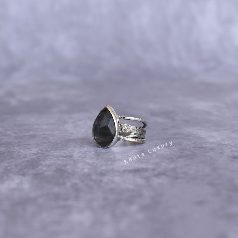 Natural Labradorite Ring* Silver Oxidized Handmade Ring* Teardrop Labradorite Ring* Rose Cut Gemstone Ring* Statement Ring* Unique Gifts image 4
