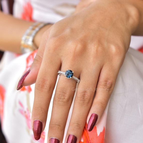 Vintage natural London blue topaz ring, round cut blue gemstone, london Blue Topaz sterling silver finished with rhodium, Topaz halo ring