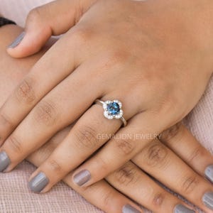 London blue topaz ring, Round cut blue gemstone ring , sterling silver finished with rhodium, london topaz halo wedding & engagement Ring image 5