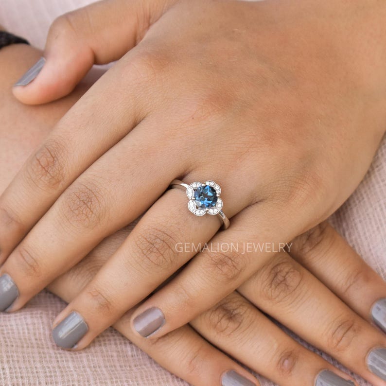London blue topaz ring, Round cut blue gemstone ring , sterling silver finished with rhodium, london topaz halo wedding & engagement Ring image 5