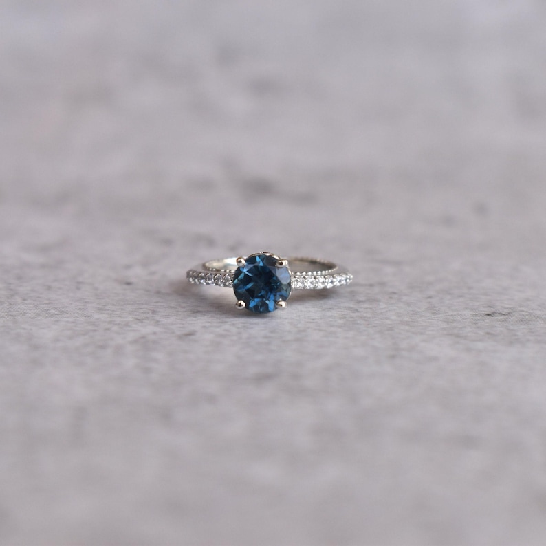Vintage natural London blue topaz ring, round cut blue gemstone, london Blue Topaz sterling silver finished with rhodium, Topaz halo ring image 3