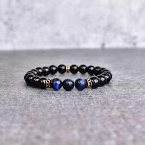 Bracelet en oeil de tigre et onyx bleus naturels* Bracelet de deux pierres précieuses pour homme* Bracelet de pierres précieuses de guérison* Bracelet d'amitié unique