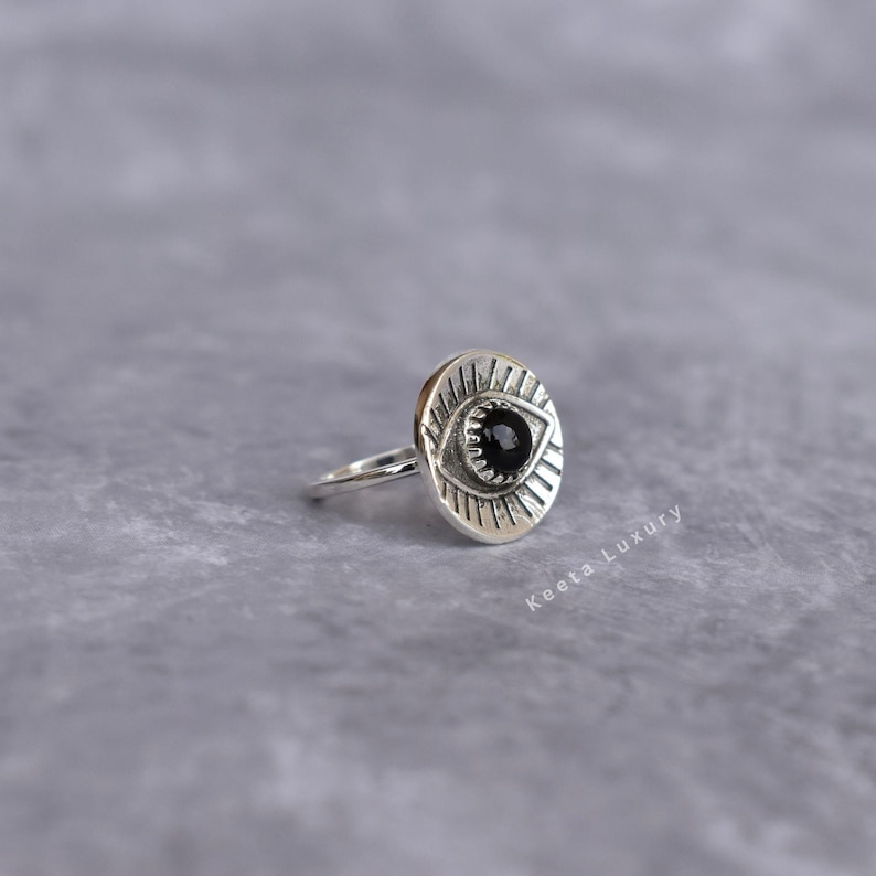 Genuine Black onyx ring* Onyx evil eye ring for women* Protection ring* Silver oxidized Onyx ring* Healing gemstone ring* Unique ring Gifts image 5