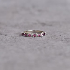 Thin garnet Stacking Ring 2.5mm - Sterling silver Half Eternity Band - Garnet Pave Ring - Simple Wedding Band for women - rhodium plated