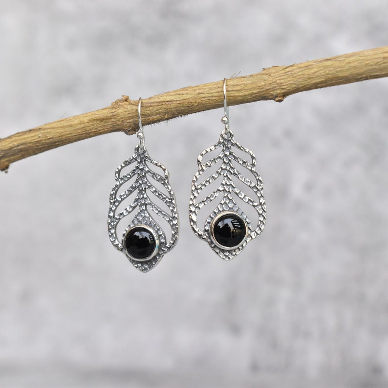 Black Onyx Earrings Onyx hoop earrings for women Sterling silver gemstone earrings Black Onyx oxidized dangle earrings Bridesmaid gift image 1