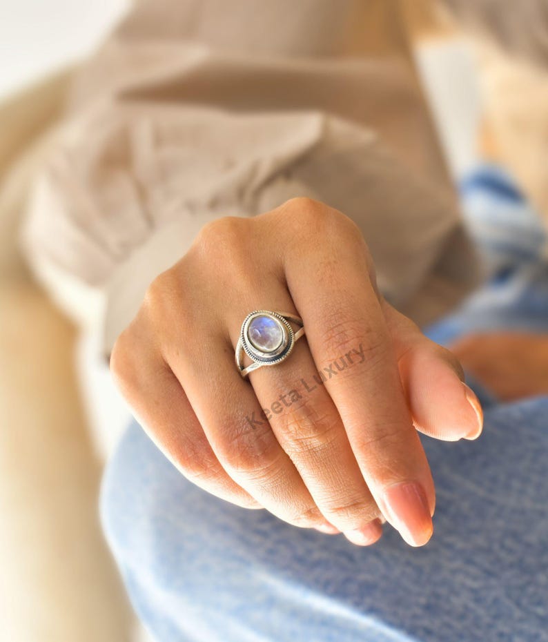 Natural Moonstone bohemian ring, Silver oxidized Oval shaped genuine rainbow moonstone ring , Handmade boho looking jewelry gift ideas image 4