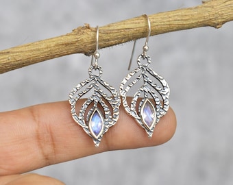 Natural Moonstone earrings* Rainbow Moonstone sterling silver oxidized earrings* Nature inspired Healing Crystal dangle earrings for her