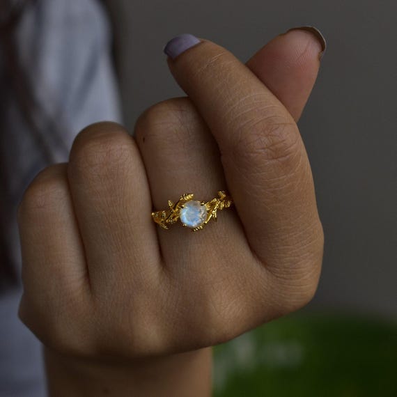 Bague Or Jaune 14 Carats Avec Pierre De Lune Arc-en-ciel Et Diamants - Taille 7 - Neuf Sans Emballage
