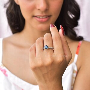 Vintage natural London blue topaz ring, round cut blue gemstone, london Blue Topaz sterling silver finished with rhodium, Topaz halo ring image 6