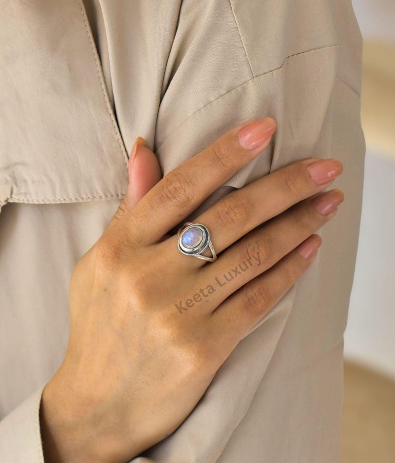Natural Moonstone bohemian ring, Silver oxidized Oval shaped genuine rainbow moonstone ring , Handmade boho looking jewelry gift ideas image 1