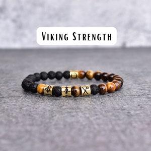 Tiger's Eye & Lava Bead Bracelet Viking symbol stretchable bracelets Tiger eye beaded jewelry for men Healing bracelets, gift for him image 1