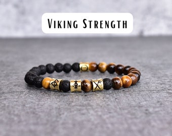 Tiger's Eye & Lava Bead Bracelet* Viking symbol stretchable bracelets* Tiger eye beaded jewelry for men* Healing bracelets, gift for him