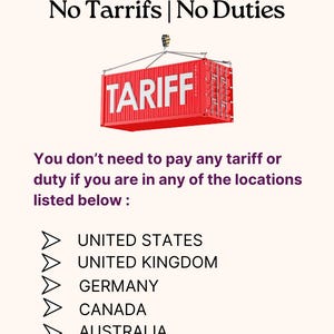 The image is a list of locations where no duties or Tariffs are required, including the United States, United Kingdom, Germany, Canada, Australia, and Australia.