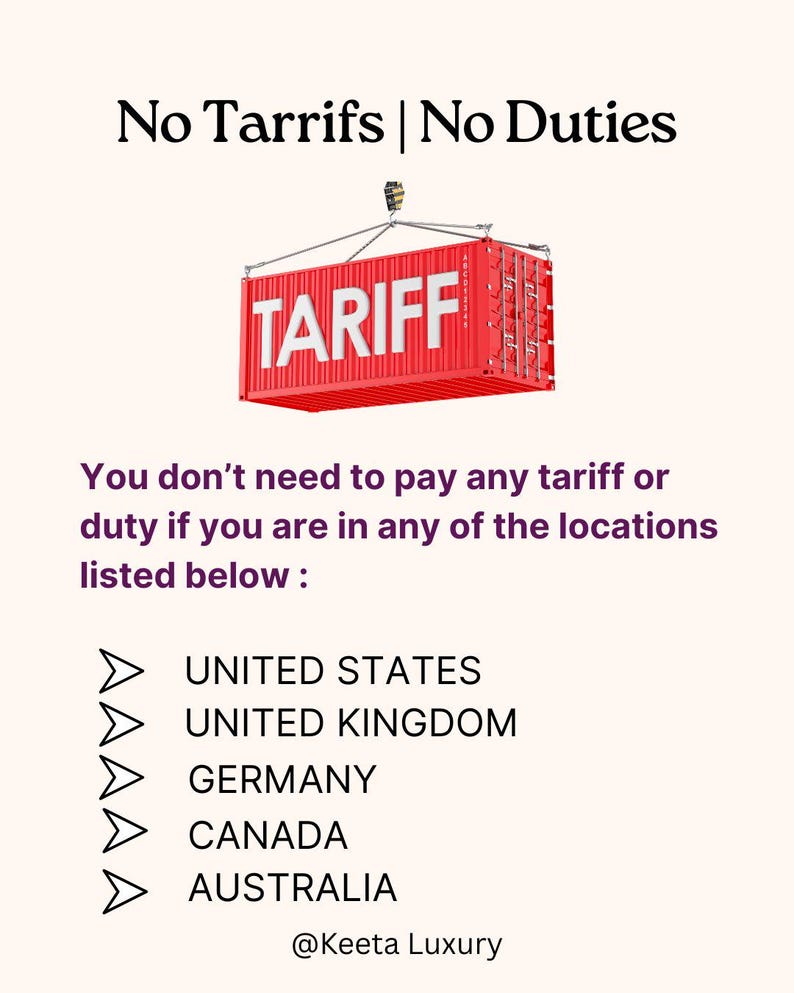 The image is a list of locations where no duties or Tariffs are required, including the United States, United Kingdom, Germany, Canada, Australia, and Australia.