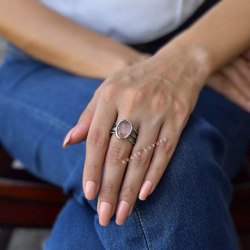 Natural Rose Quartz Ring* Silver Oxidized Handmade pink Quartz Ring* Rose Cut Gemstone Ring For Women* Healing Gemstone Ring* Unique Gifts image 5